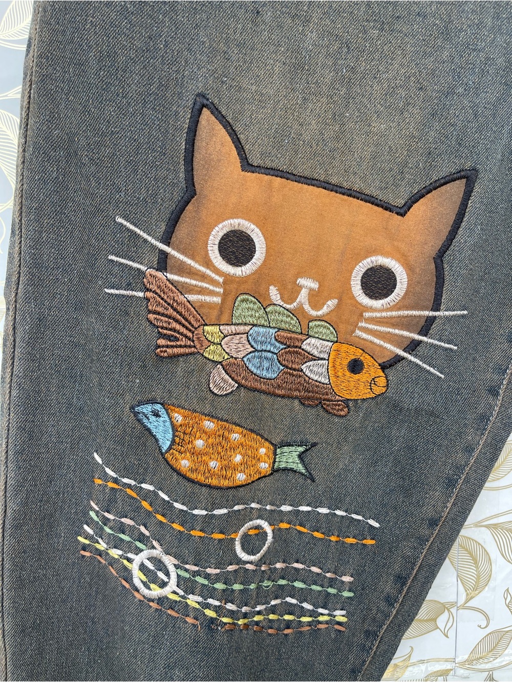 Bohemian Cat Fish Embroidery Linen Jogger Pants Antique Brown Small S - Picture 5 of 7